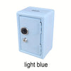 Light blue solid color metal piggy bank with a combination lock.