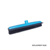 A blue rubber broom replacement head with black bristles.