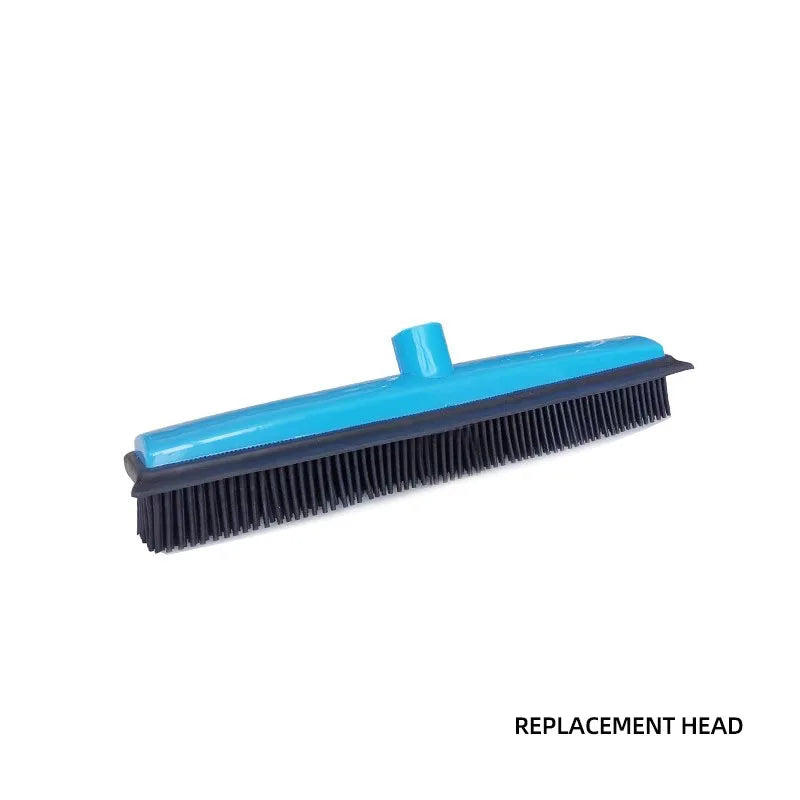 A blue rubber broom replacement head with black bristles.