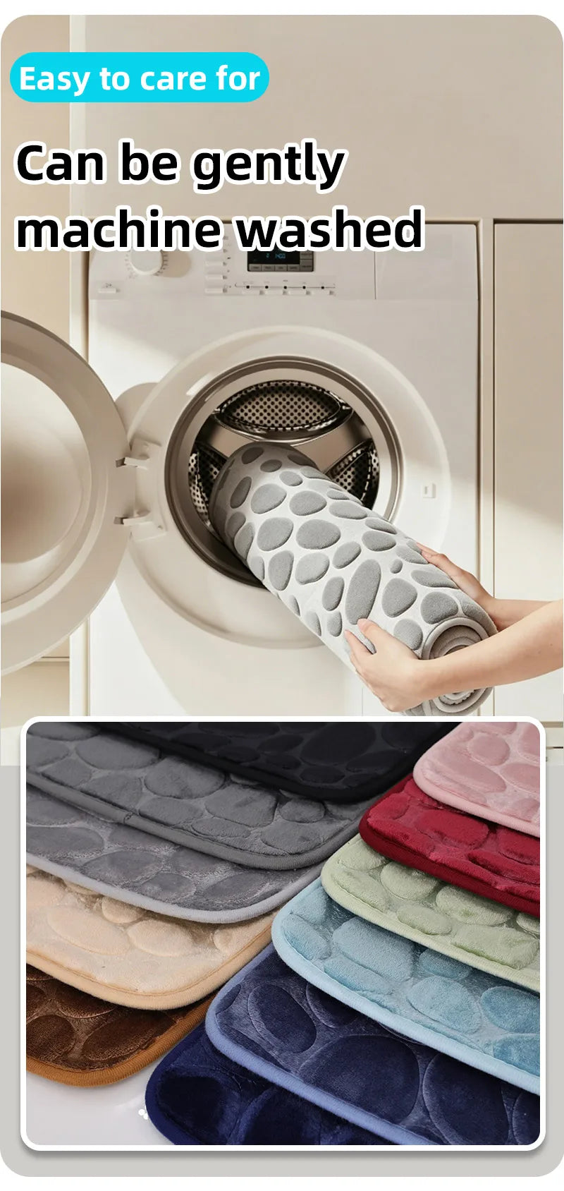 A hand is gently washing a gray pebble embossed bathroom rug inside a white washing machine drum.