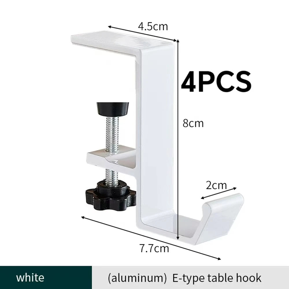 Four white aluminum E-type desk hooks with adjustable height and a hanging mechanism