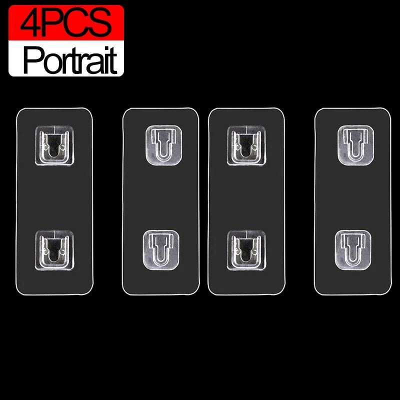 Four portrait-style heavy duty double-sided adhesive wall hooks shown in a row.