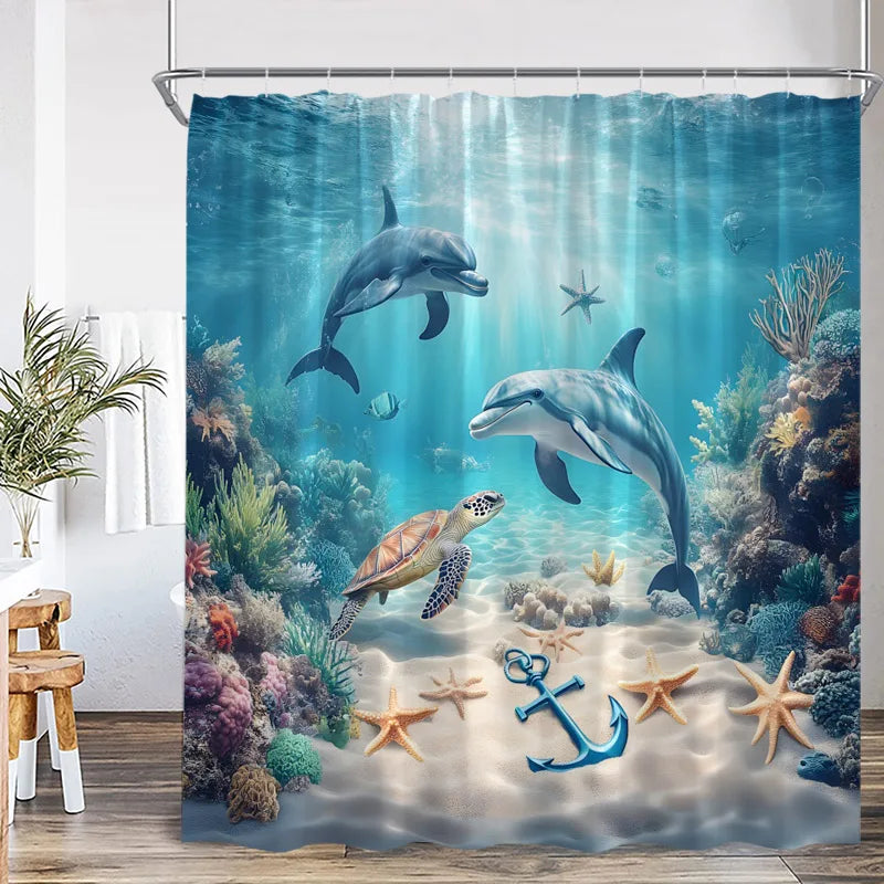 A tropical sea life shower curtain featuring dolphins, sea turtles, and coral in blue water.