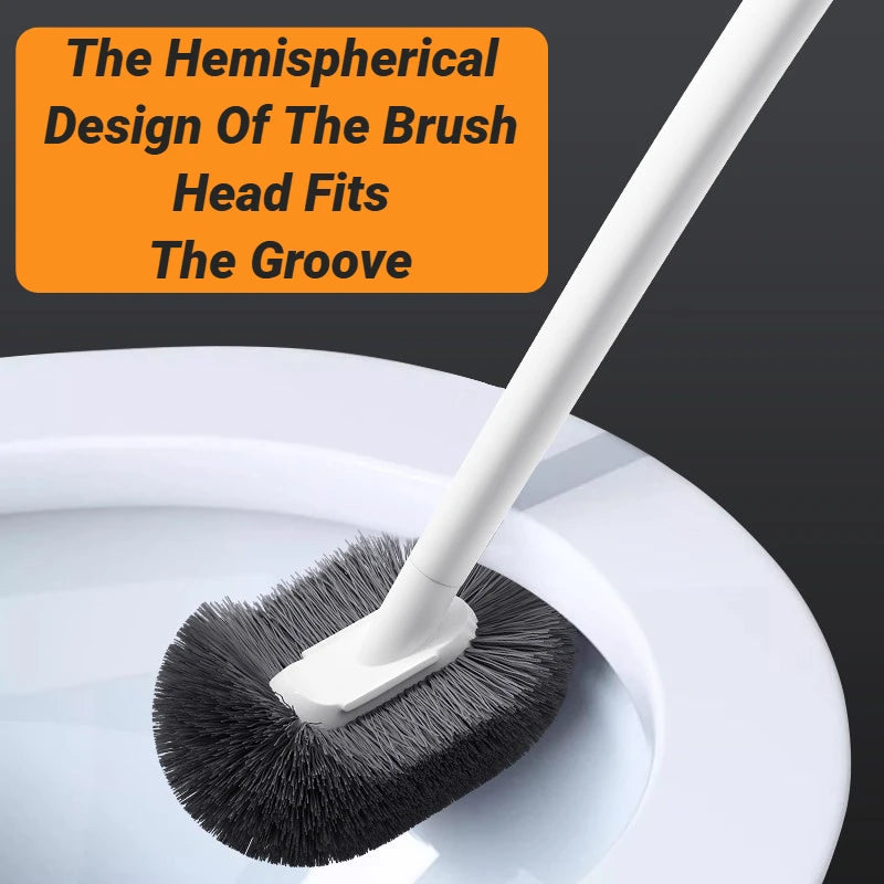 A white toilet brush with a black bristles is shown fitting into the groove of a white toilet bowl.