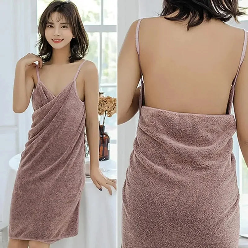 A woman models a mauve bath wrap towel draped over her body, shown from the front and back.