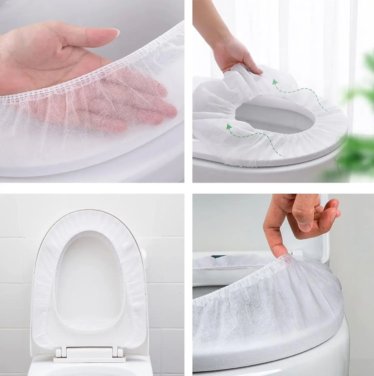 Close-up shots show a white waterproof disposable toilet seat cover being placed on and removed from a toilet.