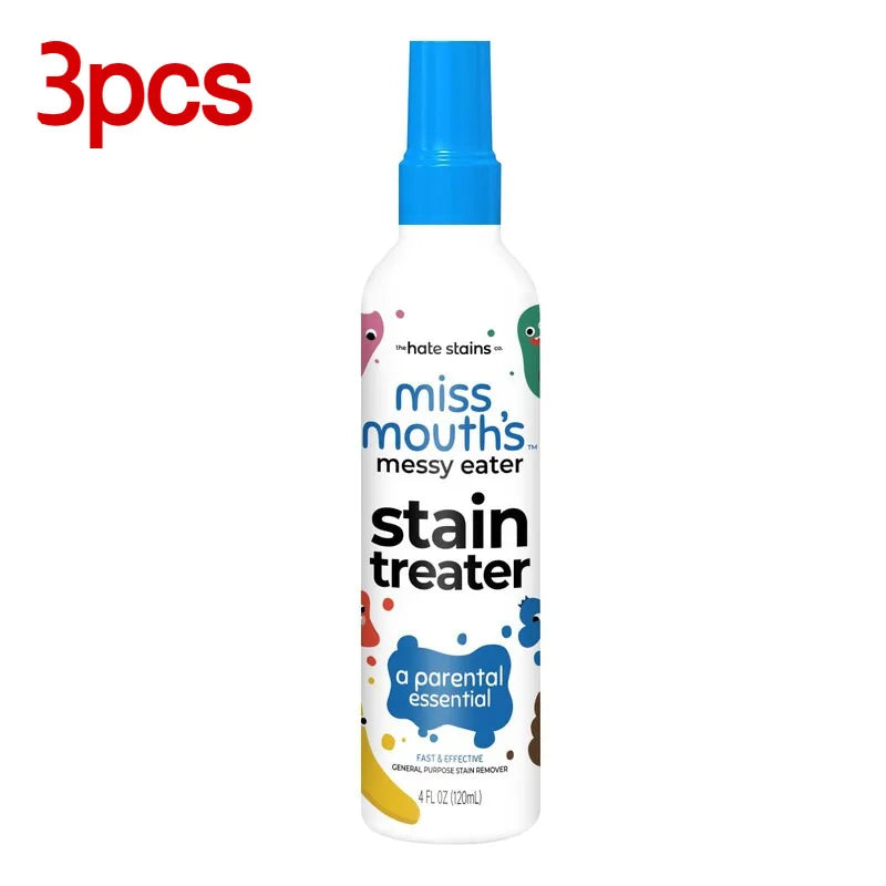 A bottle of miss mouth's messy eater stain treater spray with a blue cap and white label.