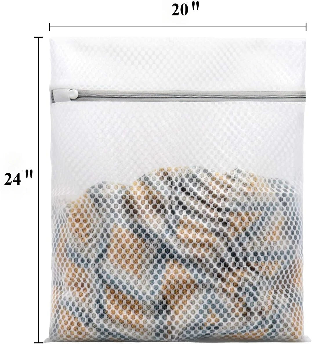 Weiße Netzwaschtasche gefüllt mit hellbraunen und blauen Wabennetzwaschtaschen.