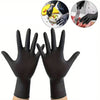 Pair of black reusable nitrile cleaning gloves shown with close-ups demonstrating use for food preparation.