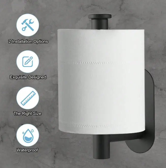 A white stainless steel self-adhesive toilet paper holder with a black mounting plate.