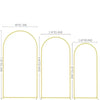 Three gold arch stands of varying heights shown side by side for party decor