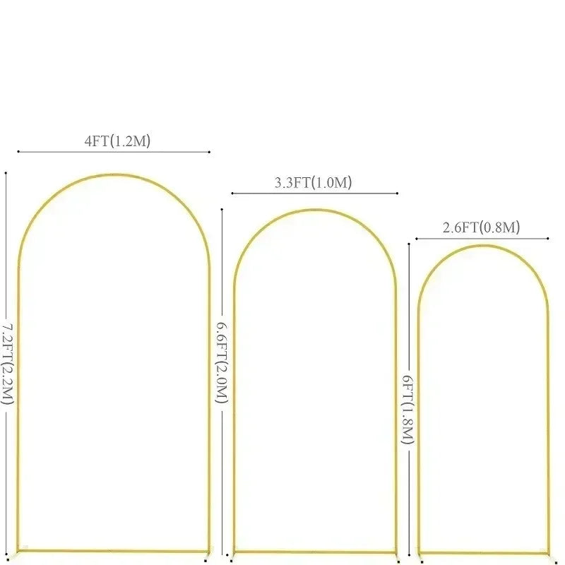 Three gold arch stands of varying heights shown side by side for party decor