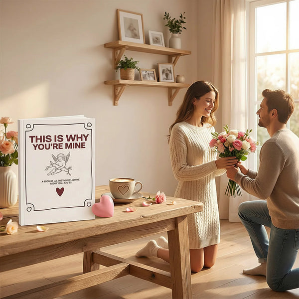 A couple smiling while looking at a framed sign that reads This is why you're mine next to a bouquet of pink roses.