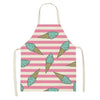 A pink and white striped linen apron featuring a pattern of mint green ice cream cones.