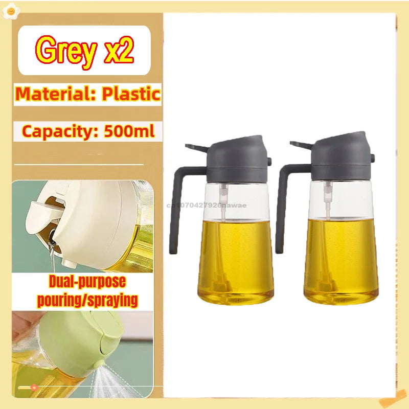 Two grey plastic oil spray bottles with yellow liquid inside, demonstrating dual-purpose pouring and spraying.