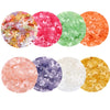 A collection of colorful 10mm flower sequin paillettes in various shades including pink, orange, green, purple, and white.