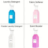 Four glass dispensers for laundry detergent, fabric softener, powder laundry detergent, and scent booster.