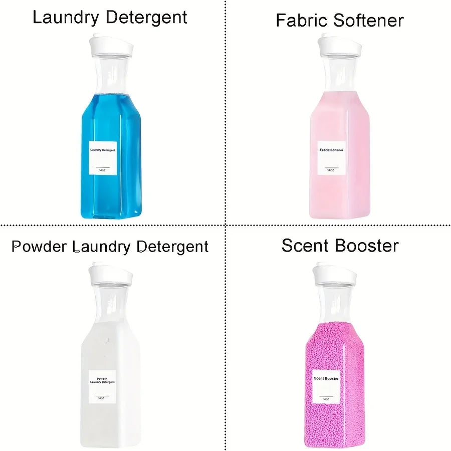 Four glass dispensers for laundry detergent, fabric softener, powder laundry detergent, and scent booster.
