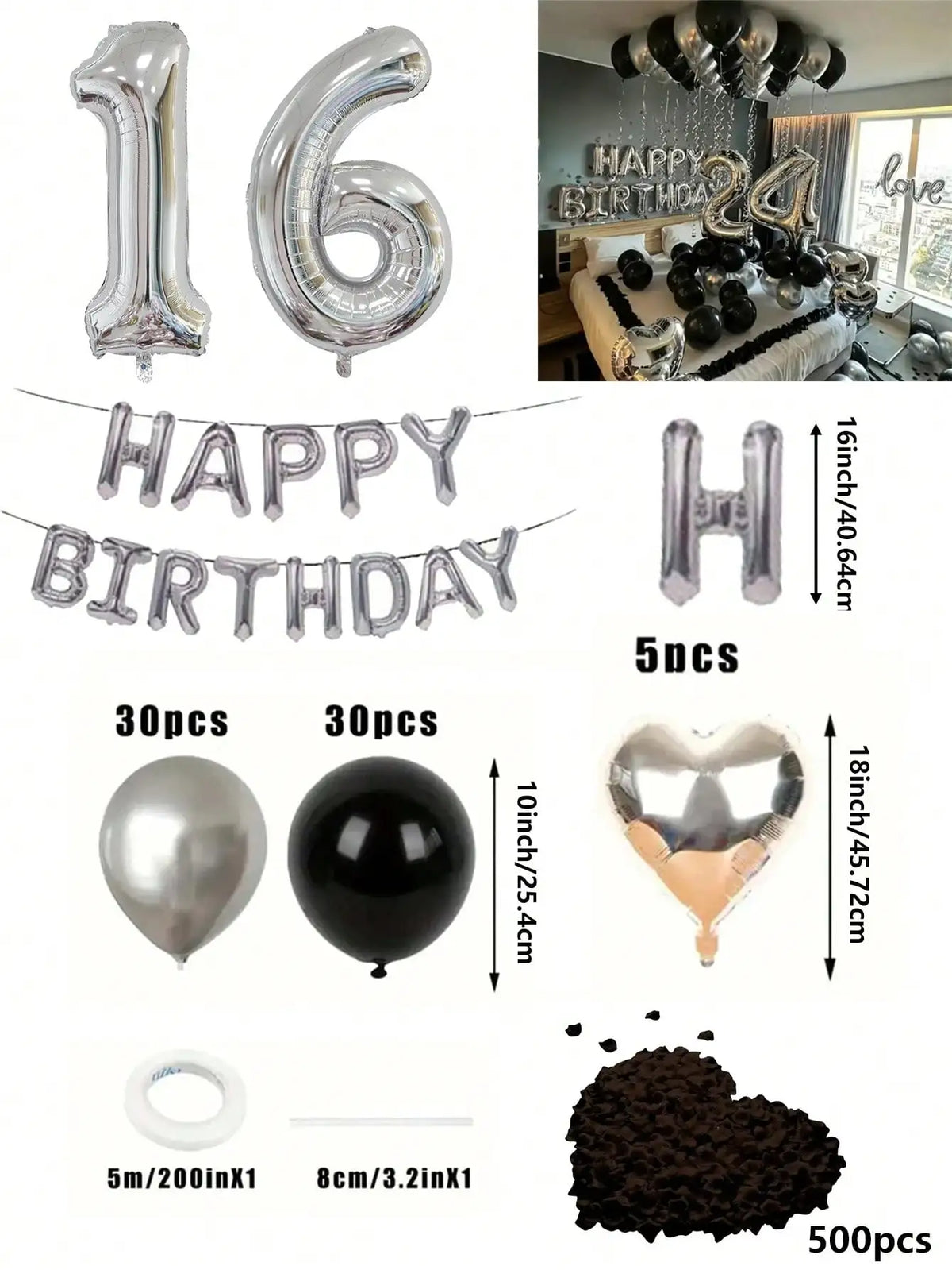 Un juego de globos con números en papel de aluminio plateado, una pancarta de cumpleaños y decoraciones de corazones de choco