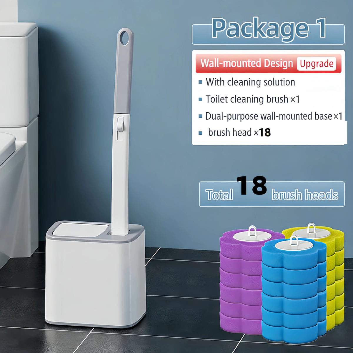 A white wall-mounted toilet cleaning brush kit with a long handle and 18 brush heads is shown next to purple and blue brush h