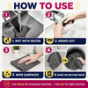 Instructions for using a 6-pack streak-free microfiber cleaning cloth set: wet, wring out, wipe surfaces, and rinse or machin
