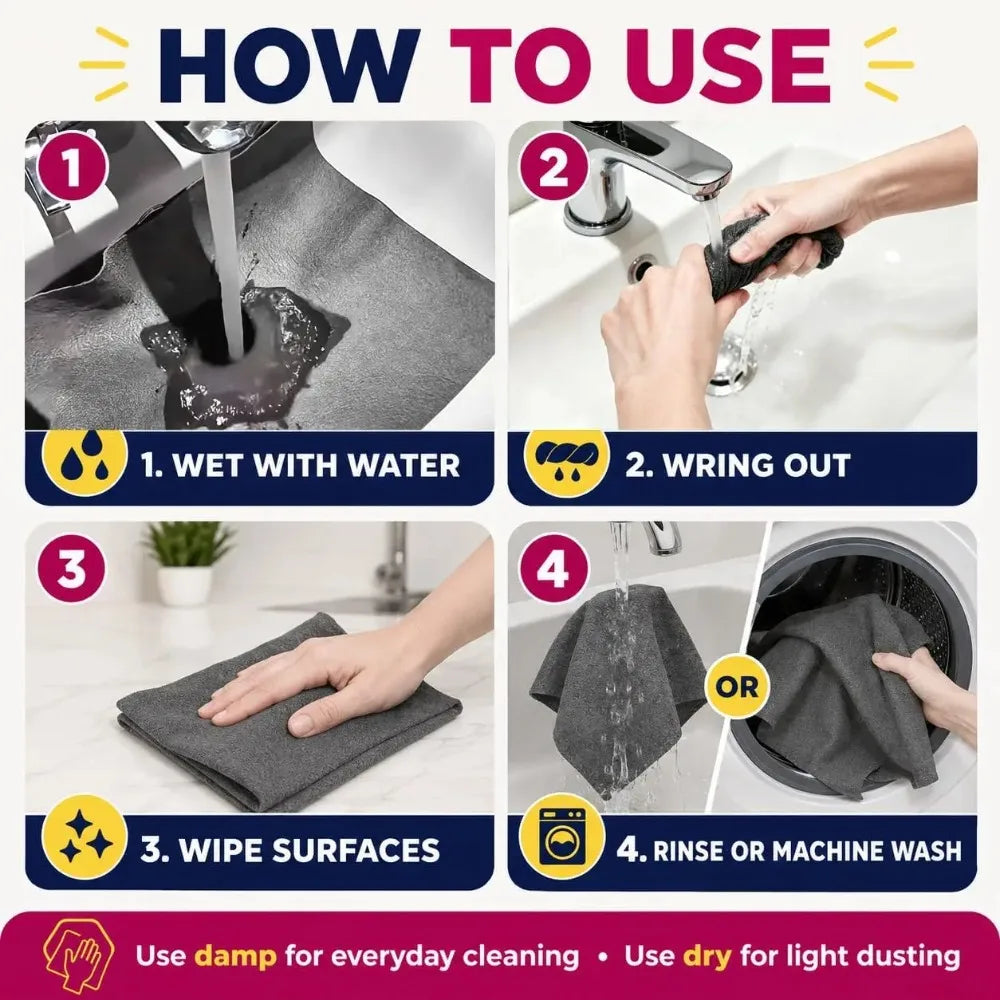 Instructions for using a 6-pack streak-free microfiber cleaning cloth set: wet, wring out, wipe surfaces, and rinse or machin