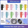 A collection of 10 colorful 40oz water bottles or tumblers with handles and straws shown in various shades of pink, green, or