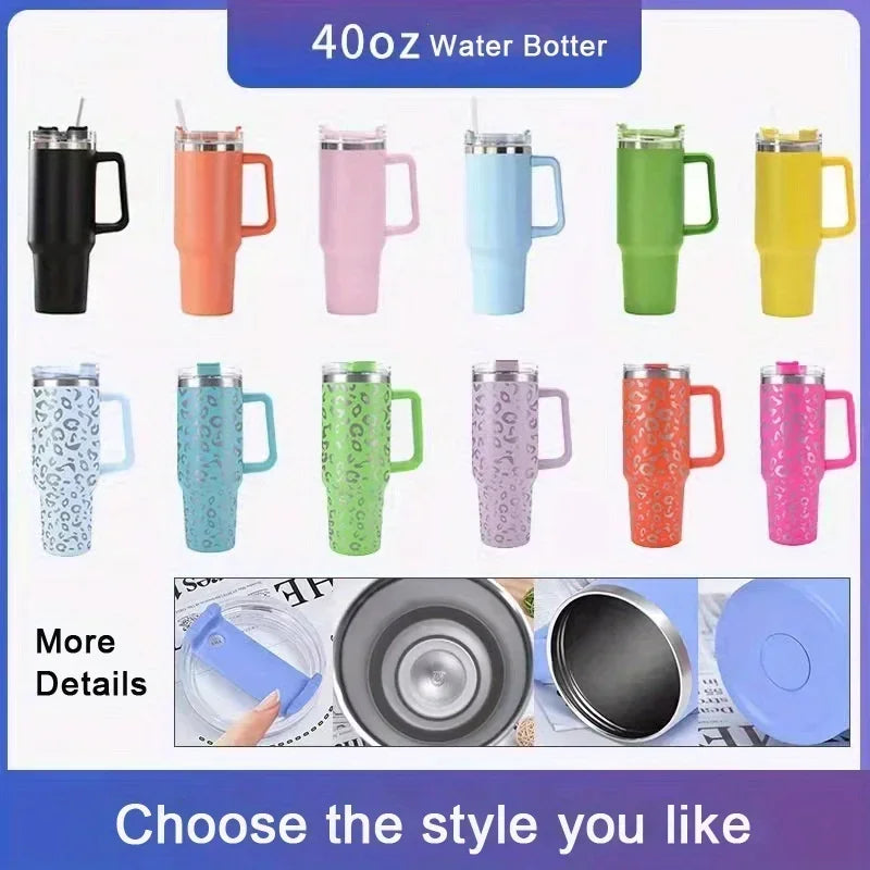 A collection of 10 colorful 40oz water bottles or tumblers with handles and straws shown in various shades of pink, green, or