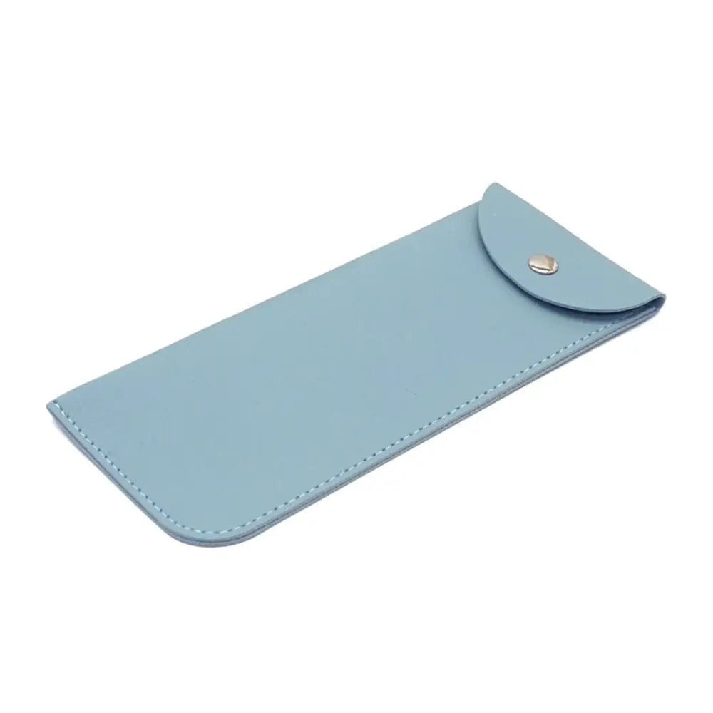 A light blue PU leather eyewear case or glasses bag with a flap closure.