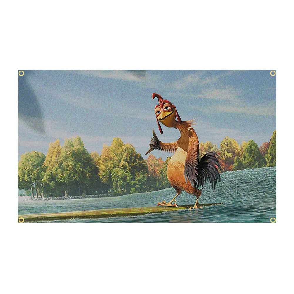 A tapestry wall hanging depicting a funny chicken with red comb standing on a green river.