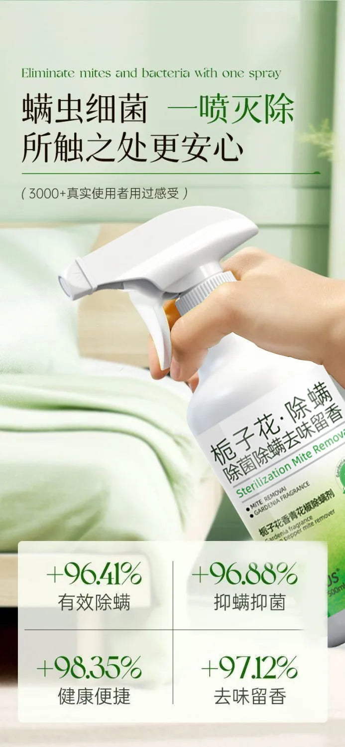 A hand is spraying a white bottle of sterilization spray onto a surface, with text promoting mite and bacteria elimination.