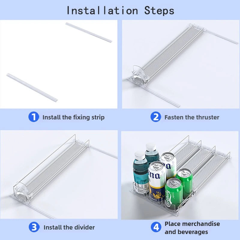 Installation steps showing how to install a fixing strip, fasten the thruster, install a divider, and place merchandise in an
