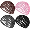 Three mesh wig caps in brown, pink, and black colors shown from above.
