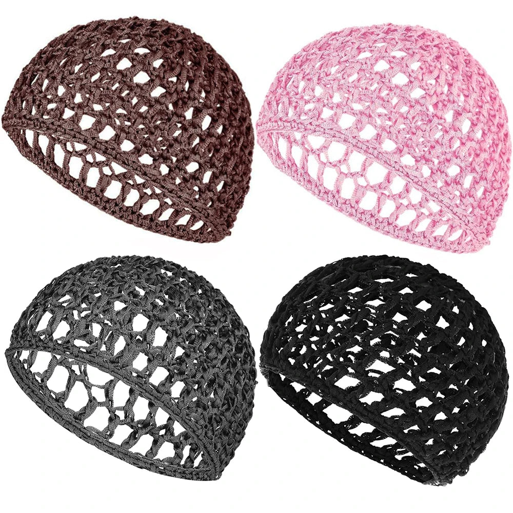 Three mesh wig caps in brown, pink, and black colors shown from above.