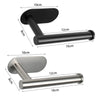 A set of wall mounted toilet paper holders in black and brushed silver finishes, shown with dimensions.