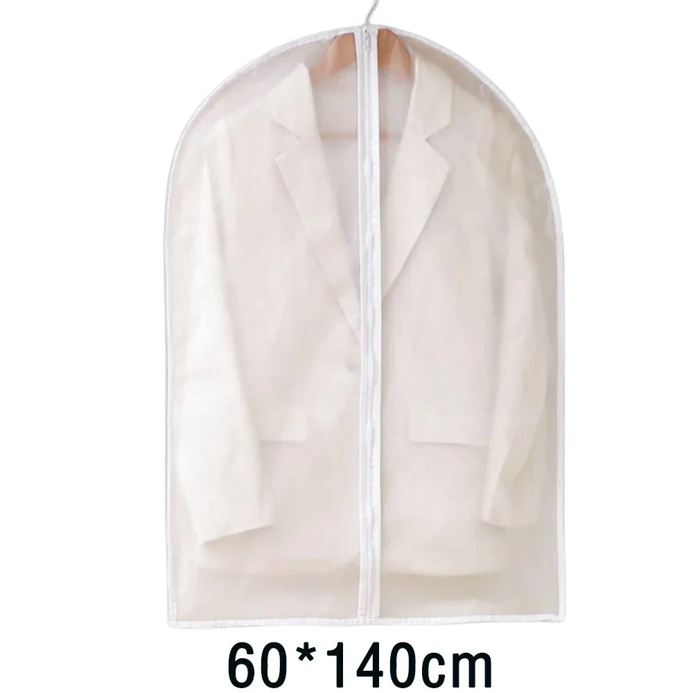 A beige washable clothes hanging dust cover displayed in an arched shape.