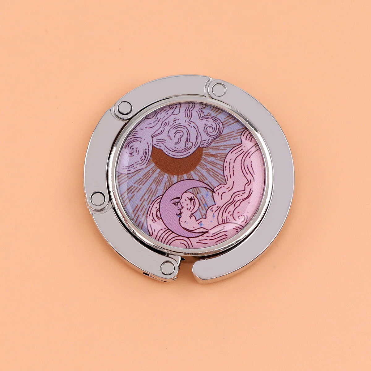 Silberner faltbarer Haken mit kreisförmigem klarem Fenster und violettem/rosa himmlischem Design