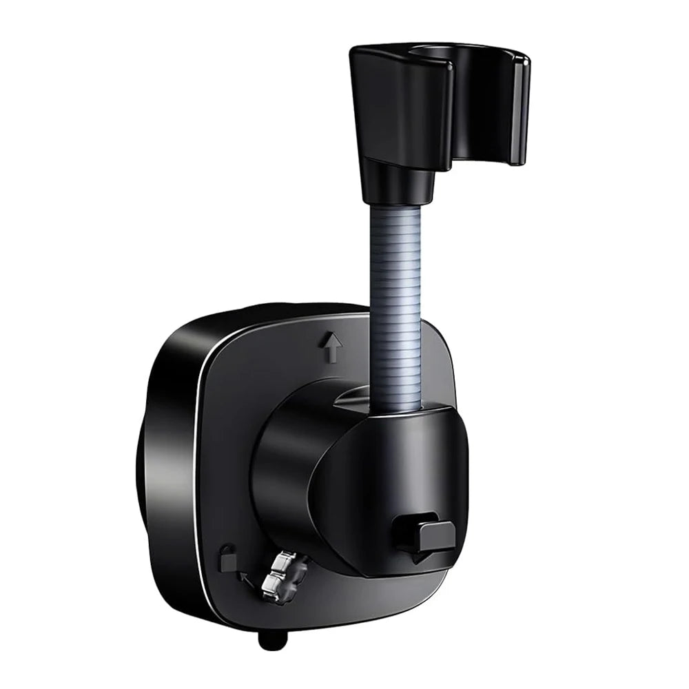 A black No-Drill Adjustable Suction Cup Shower Head Holder with a threaded attachment.