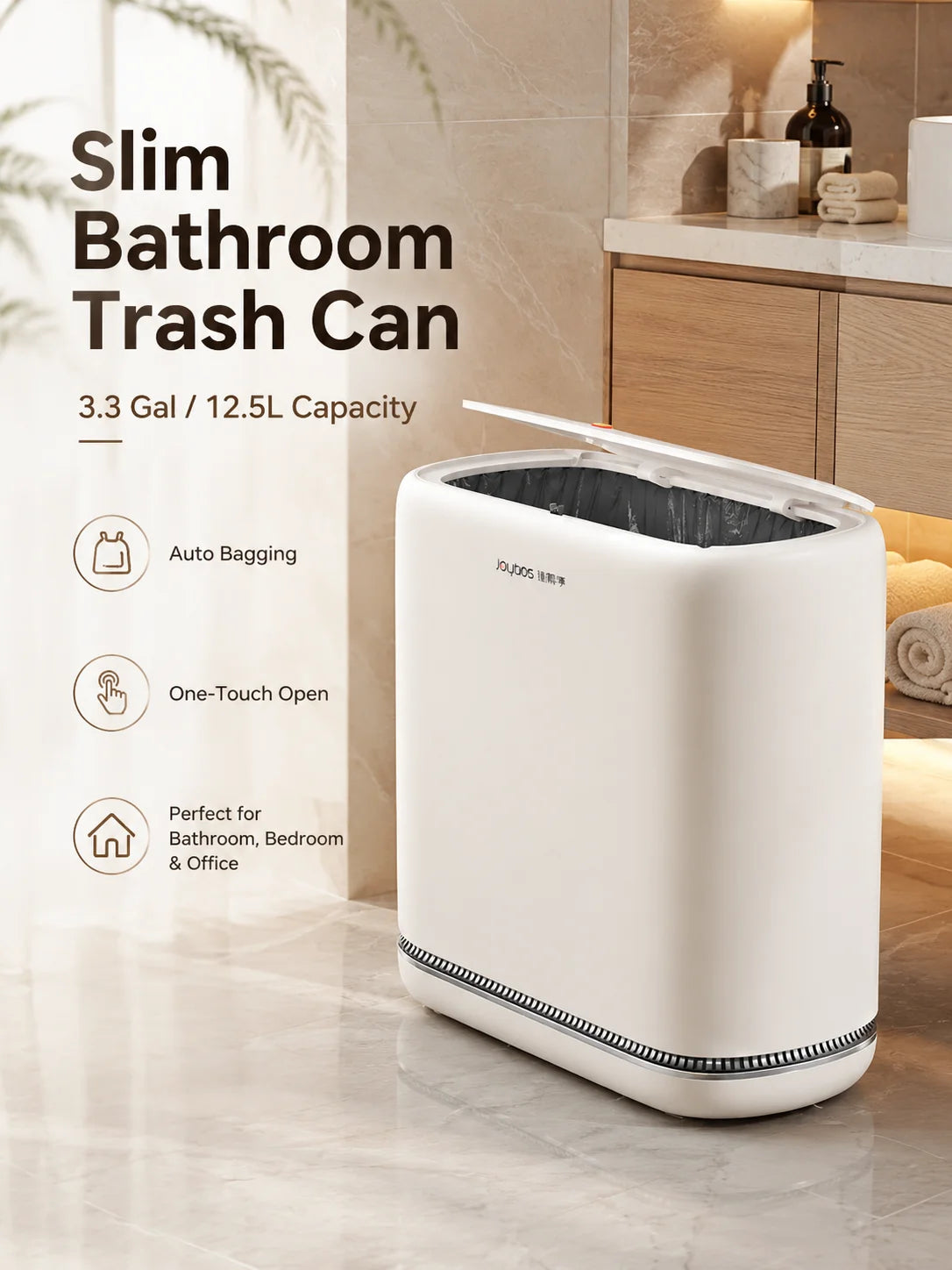 A white slim bathroom trash can with a one-touch open lid is shown on a marble countertop.