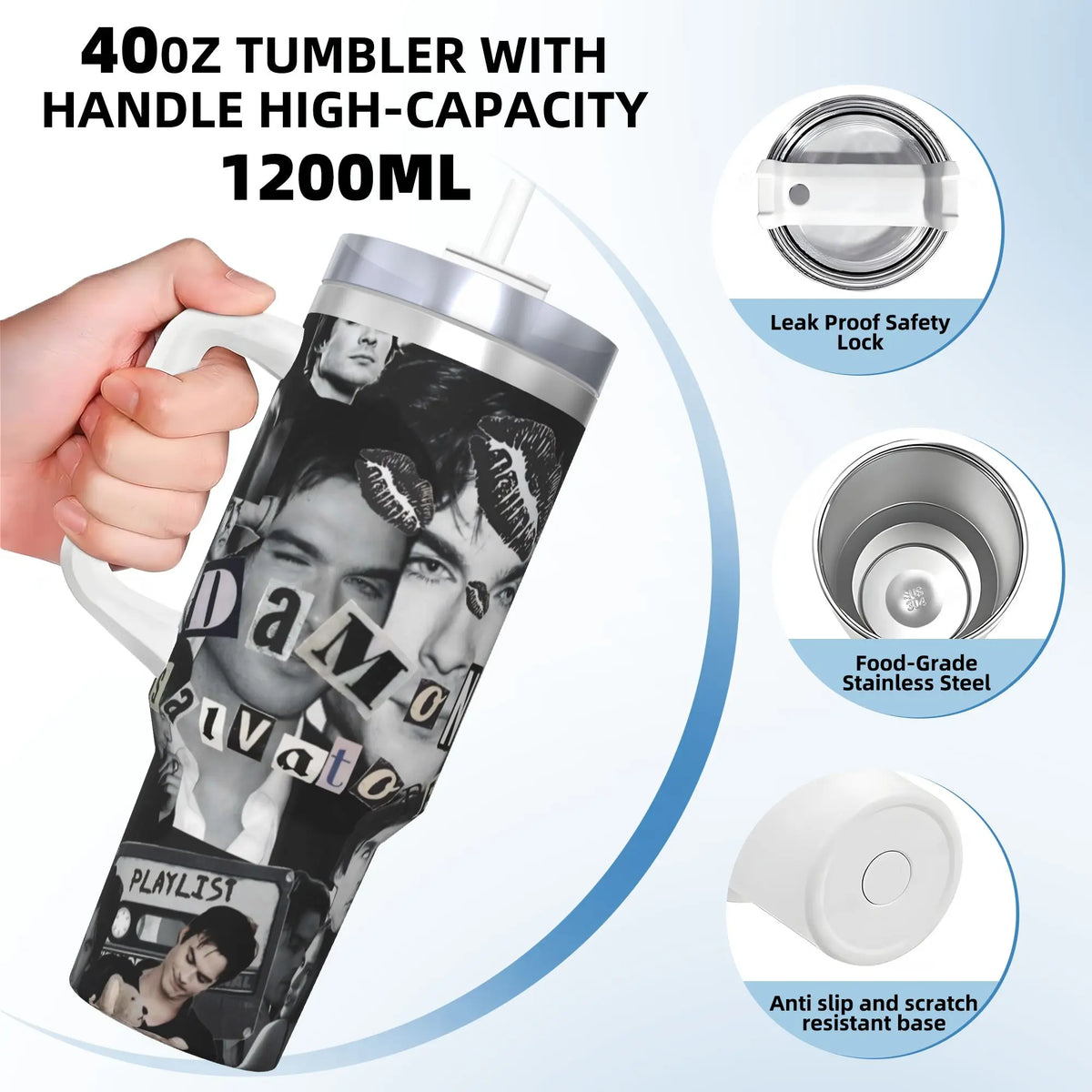 A black tumbler with a handle featuring a playlist design and safety lock details.