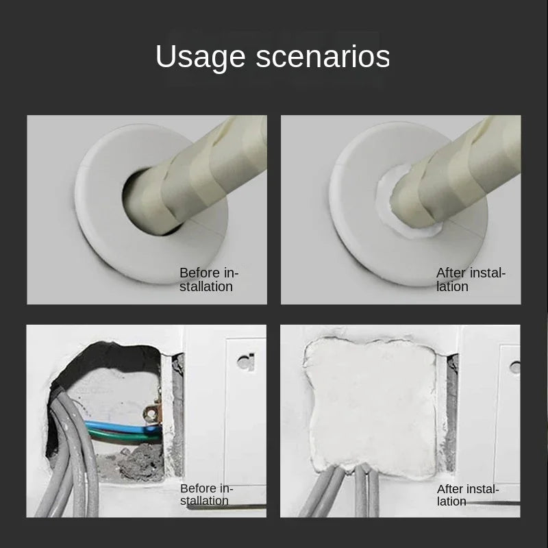 Comparison images showing the usage scenarios before and after installation of Universal Pipe and Wall Hole Sealant Clay