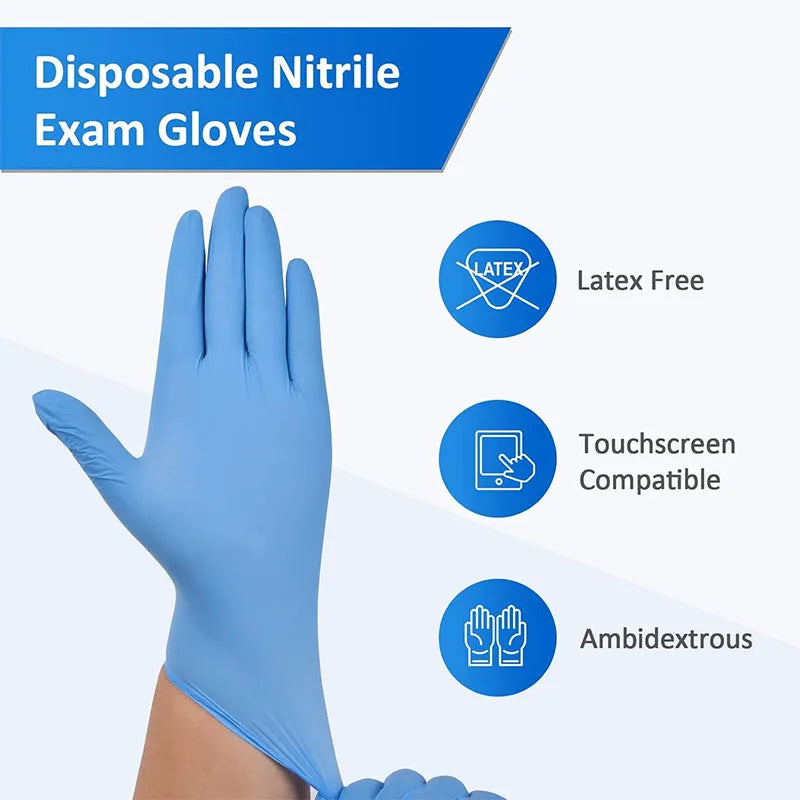 A hand wearing blue disposable nitrile exam gloves is shown next to icons detailing features like latex-free and touchscreen 