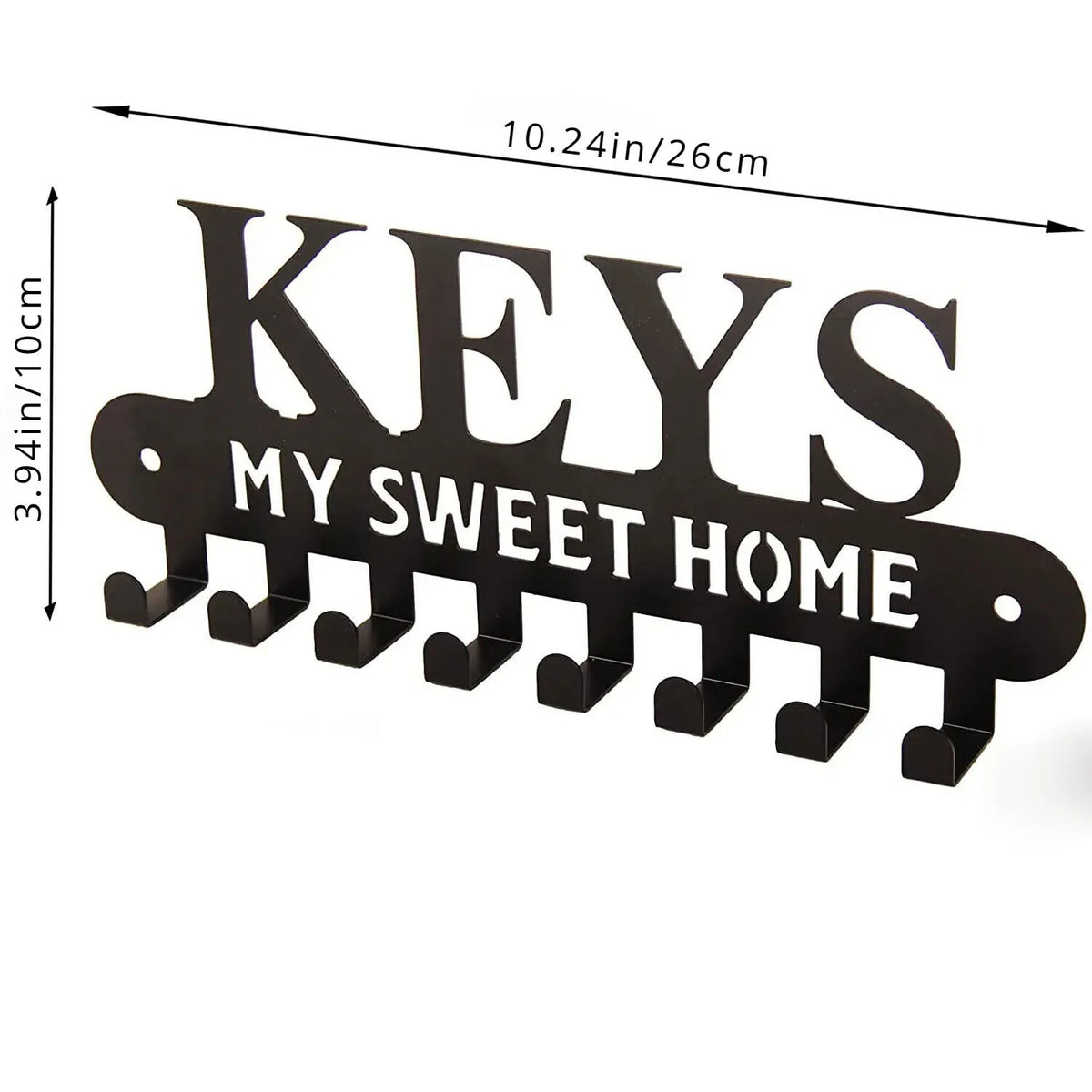 Black decorative metal key holder rack with hooks featuring the text KEYS MY SWEET HOME