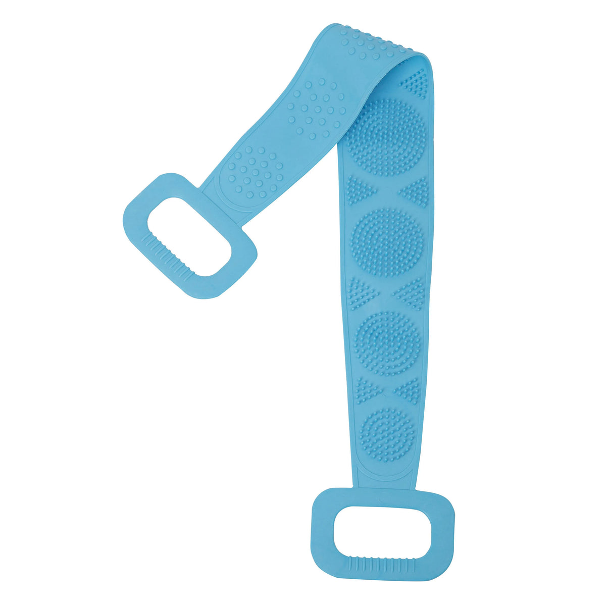 Light blue long-handle silicone body scrubber with a detachable loofah.