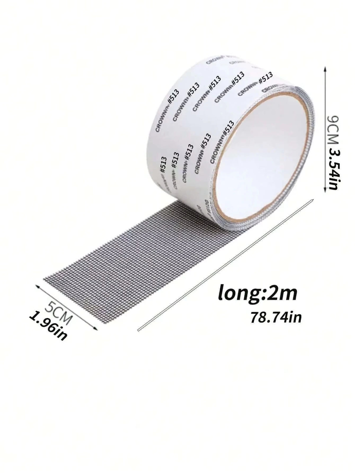 Roll of heavy duty waterproof window screen repair tape with dimensions 9cm 3.54in and length 2m 78.74in