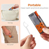 A portable dental floss storage dispenser shown being put into a bag and a pocket.