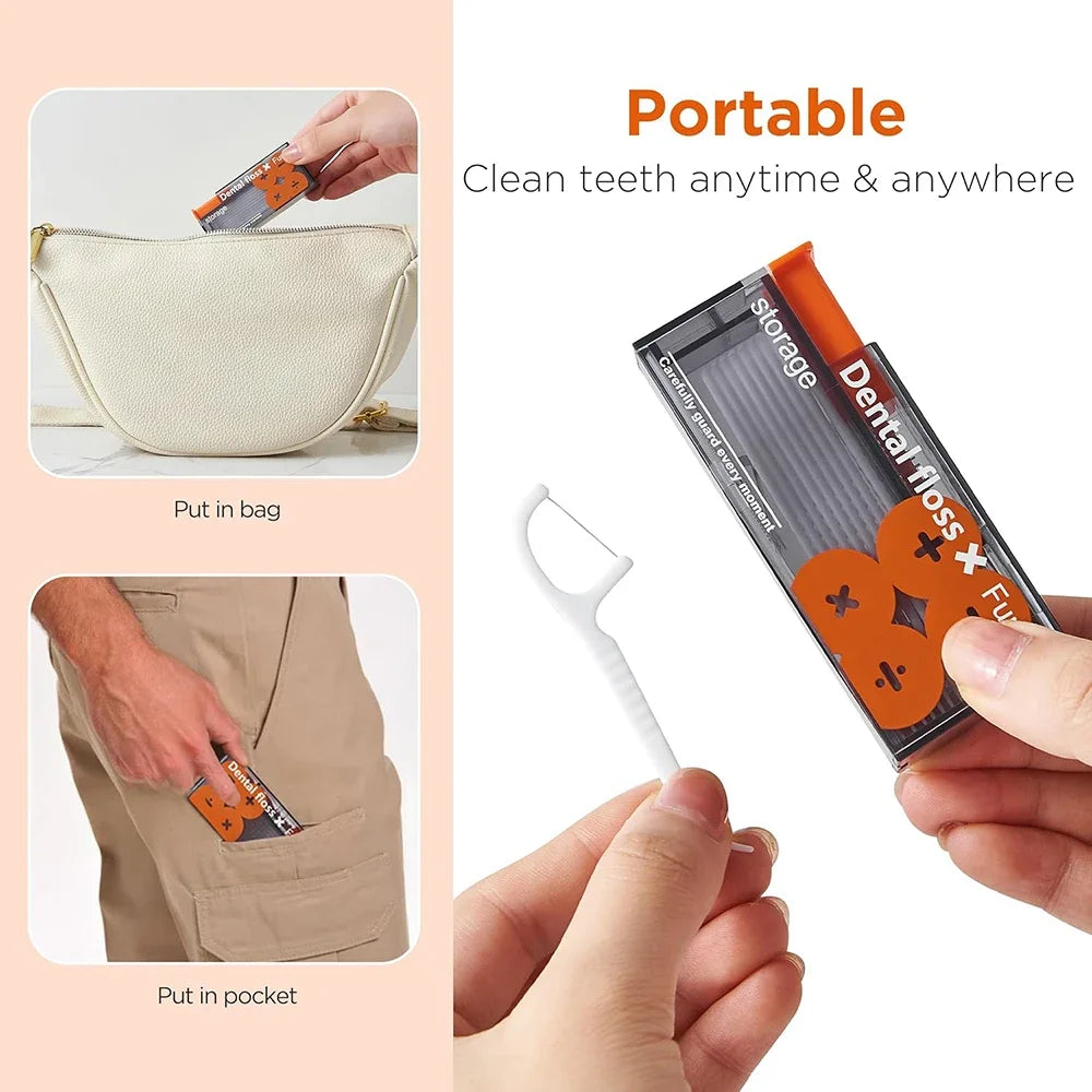 A portable dental floss storage dispenser shown being put into a bag and a pocket.