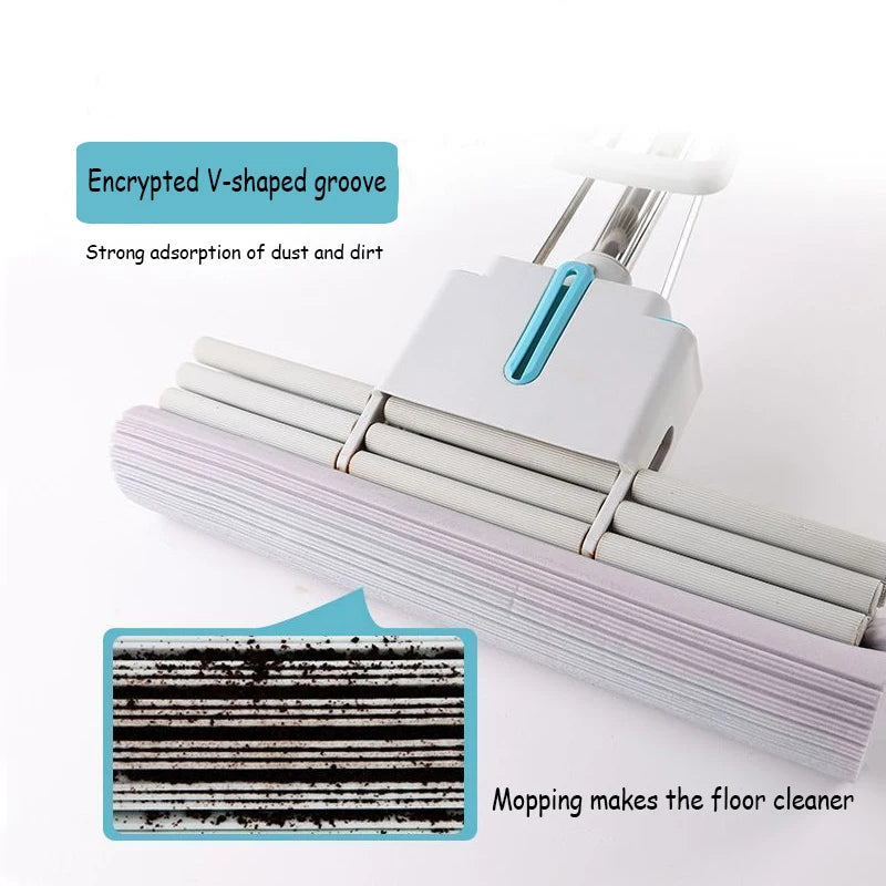 Replacement sponge mop head with squeeze action showing a V-shaped groove for strong dust and dirt adsorption.