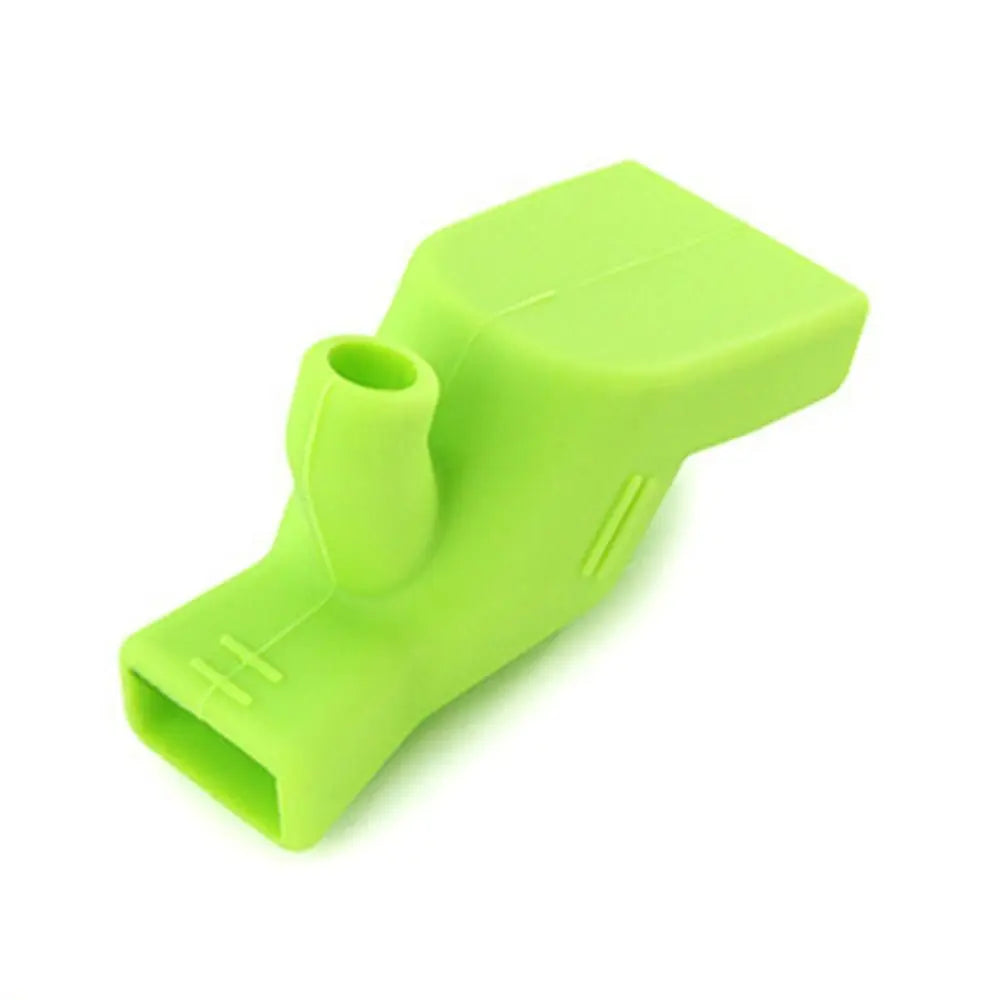 A bright lime green flexible silicone faucet extender used for easy washing.