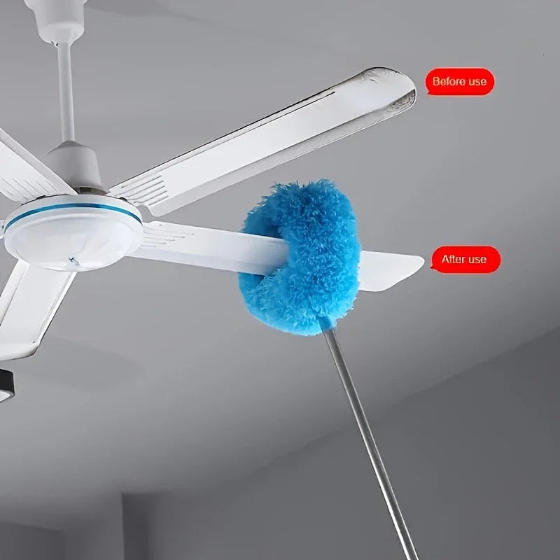 An extendable microfiber duster with a blue fuzzy head is shown hanging from a ceiling fan.